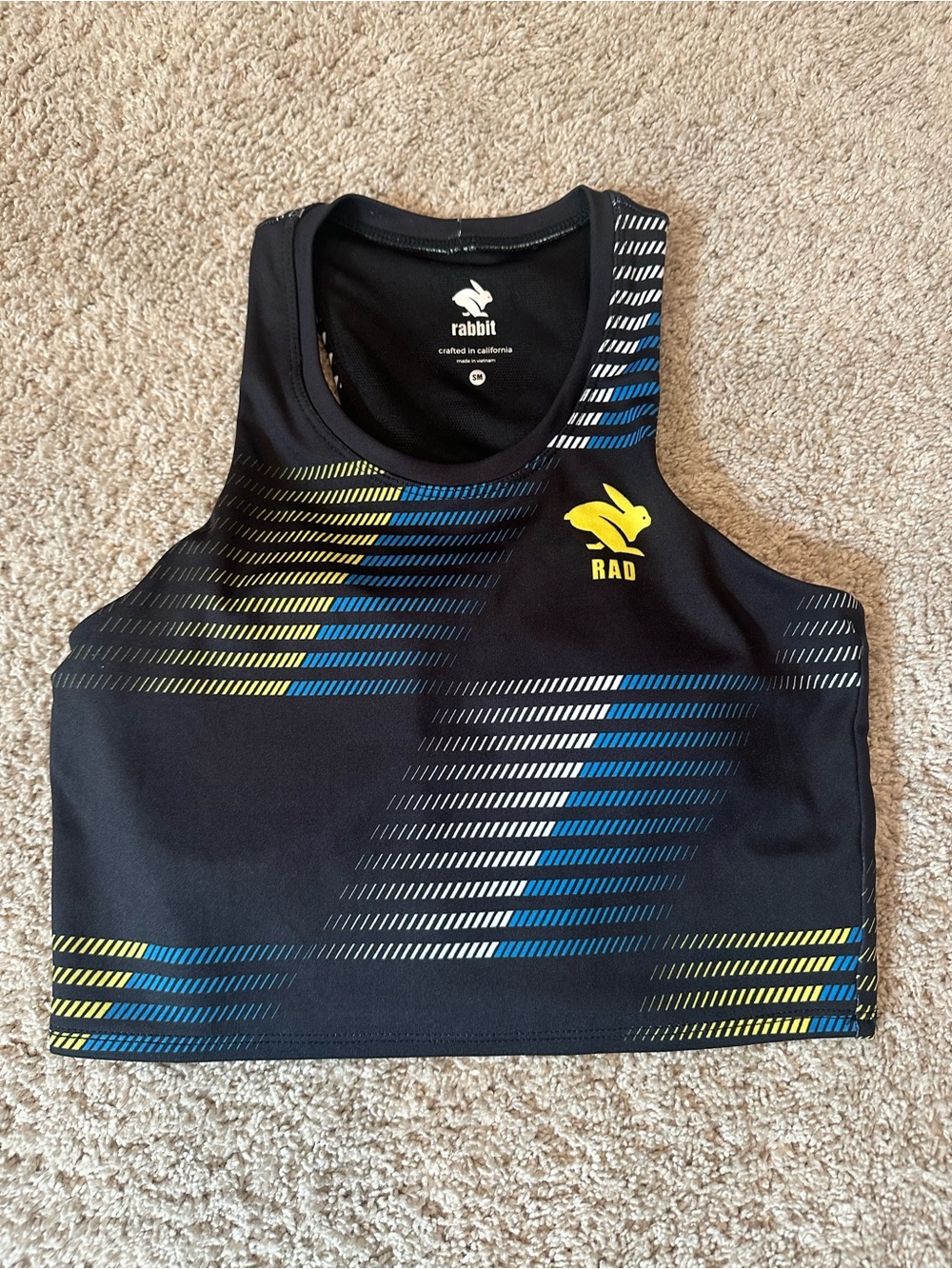 Rabbit Women's Black Crop Tank with Yellow & Blue Accent